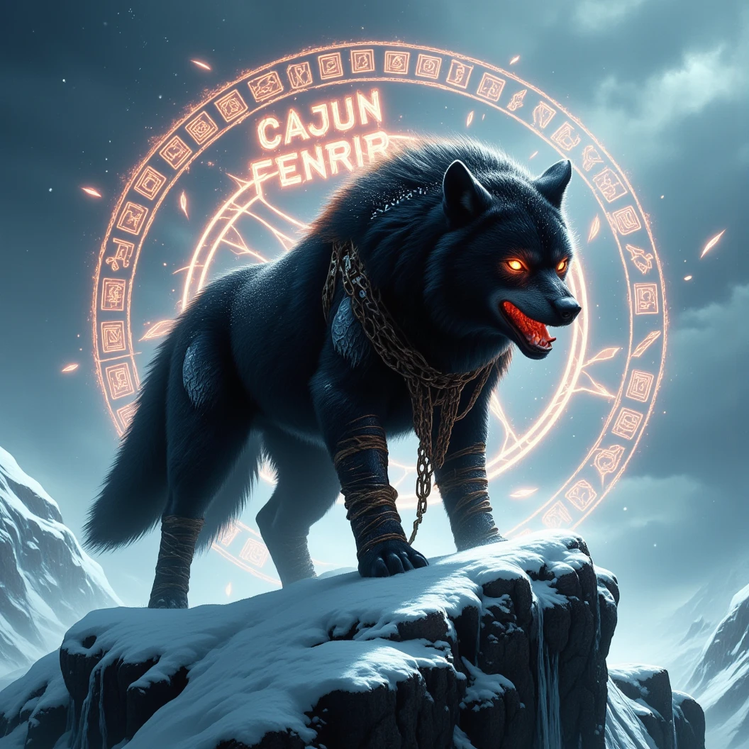 Ginormous black wolf sits like a guard at the peak of a snow covered mountain, looking over a snowfilled valley. Facing viewer. The wolf snarling and his eyes are fiery. His pelt is scarred and his body is wrapped in chains. A blizzard wails around him, blowing his thick black fur. Snow falling fast and being blown around. Fiery Viking runes appear in the sky behind him. The name "Cajun Fenrir" sketched in fiery letters between the runes in the sky. Dynamic movement, dynamic posing, High Resolution, Masterpiece, Cinematic, Depth Of Field, Image Fill, Floating particles 