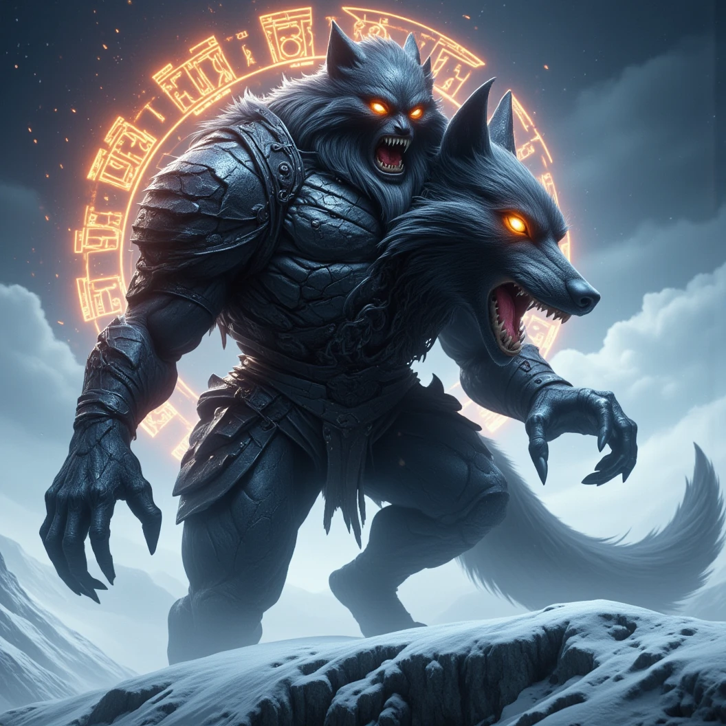 Ginormous black wolf sits like a guard at the peak of a snow covered mountain, looking over a snowfilled valley. Facing viewer. The wolf snarling and his eyes are fiery. His pelt is scarred and his body is wrapped in chains. A blizzard wails around him, blowing his thick black fur. Snow falling fast and being blown around. Fiery Viking runes appear in the sky behind him. The name "Cajun Fenrir" sketched in fiery letters between the runes in the sky. Dynamic movement, dynamic posing, High Resolution, Masterpiece, Cinematic, Depth Of Field, Image Fill, Floating particles 