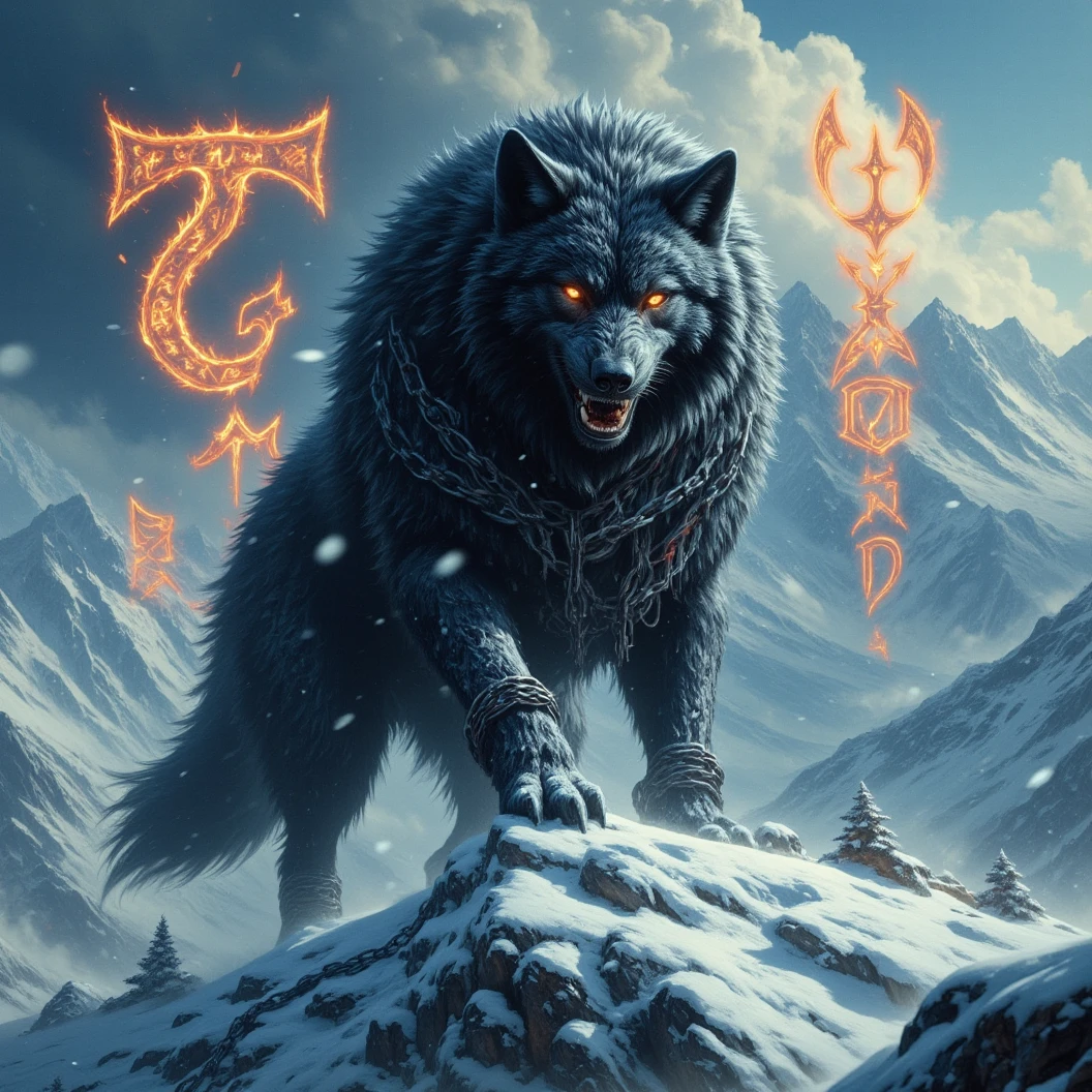 Ginormous black wolf sits like a guard at the peak of a snow covered mountain, looking over a snowfilled valley. Facing viewer. The wolf snarling and his eyes are fiery. His pelt is scarred and his body is wrapped in chains. A blizzard wails around him, blowing his thick black fur. Snow falling fast and being blown around. Fiery Viking runes appear in the sky behind him. The name "Cajun Fenrir" sketched in fiery letters between the runes in the sky. Dynamic movement, dynamic posing, High Resolution, Masterpiece, Cinematic, Depth Of Field, Image Fill, Floating particles 