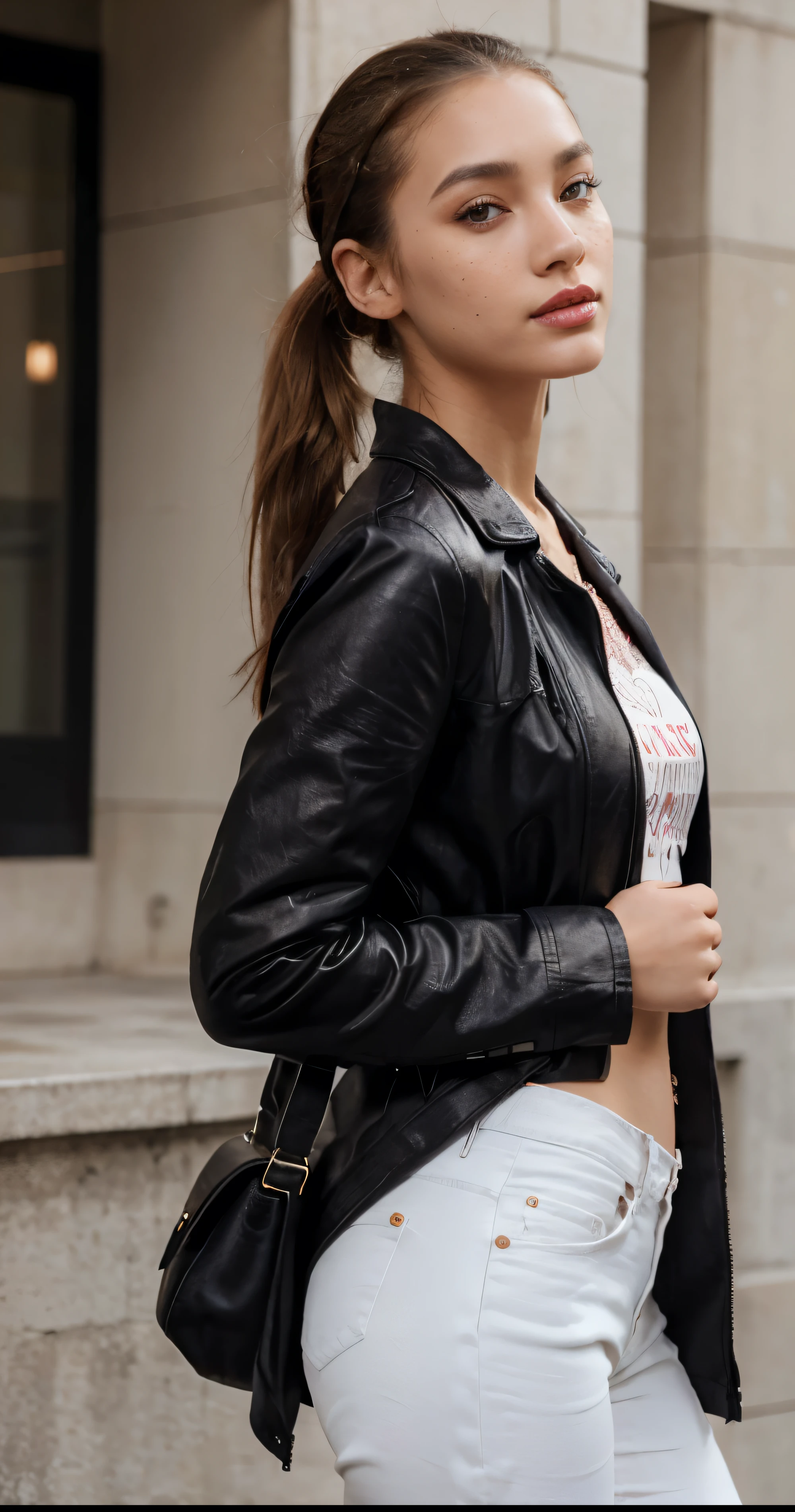 Beautiful skinny girl, elongated face and thin chin, freckles, brown ponytail hair, brown eyes, red lipstick, beautiful makeup, white skin, with patterned t-shirt , black pants, a black jean coat , sexy style