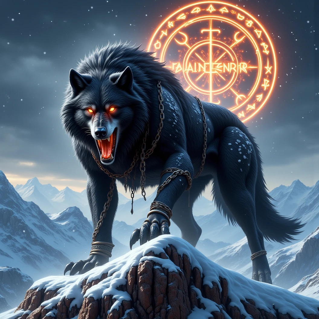 Ginormous black wolf sits like a guard at the peak of a snow covered mountain, looking over a snowfilled valley. Facing viewer. The wolf snarling and his eyes are fiery. His pelt is scarred and his body is wrapped in chains. A blizzard wails around him, blowing his thick black fur. Snow falling fast and being blown around. Fiery Viking runes appear in the sky behind him. The name "Cajun Fenrir" sketched in fiery letters between the runes in the sky. Dynamic movement, dynamic posing, High Resolution, Masterpiece, Cinematic, Depth Of Field, Image Fill, Floating particles 