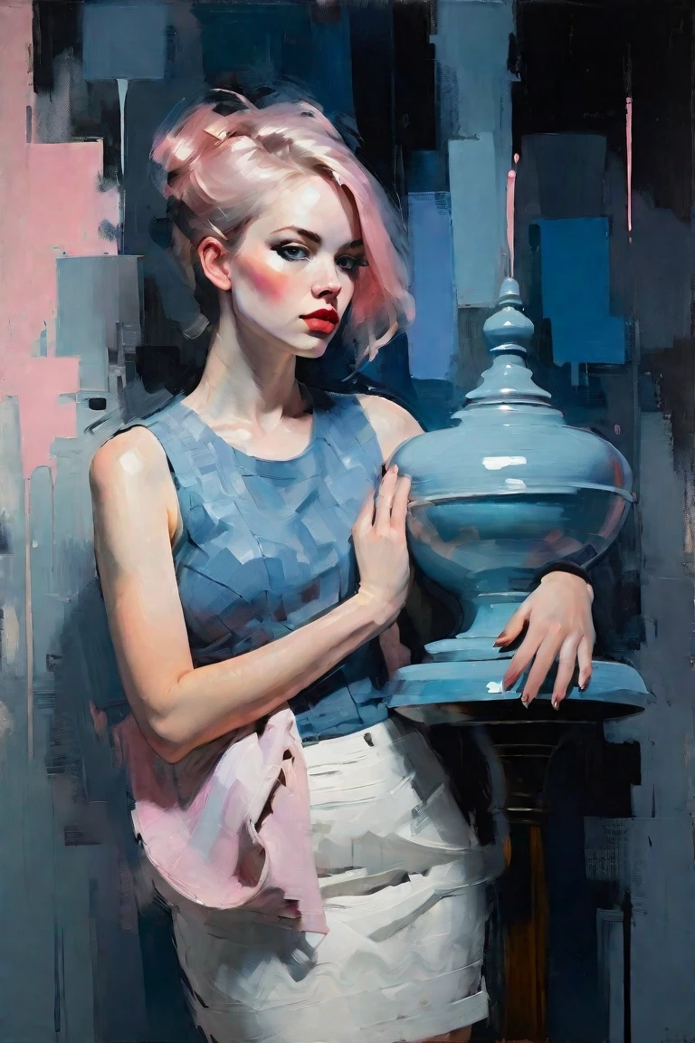 Create a contemporary portrait of a woman in the
expressive and painterly style of Malcolm Liepke,
utilizing a palette of light pink, muted blue, dark
grayish blue, bright blue, very dark gray, and
light grayish blue.The portrait should feature a
close-up of the subject's face with strong,
dynamic
brushstrokes and a focus on capturing
the depth and texture characteristic of
Liepke's work. Use light pink and bright
blue for the highlights and vibrant
areas,while employing muted blue, dark
grayish blue, very dark gray, and light
grayish blue to create shadows and
depth. Ensure the background
complements
the portrait with subtle variations of the
same color 
palette, evoking a sense of modern
elegance and
emotional intensity