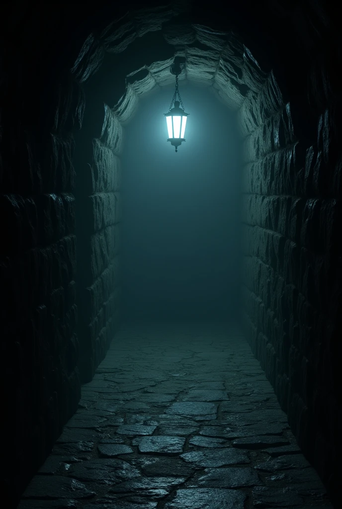 A dungeon hallway where you can't see the end of the darkness at all, with a pale white fire lamp that seems to extend straight all the way to a single focus light on both sides