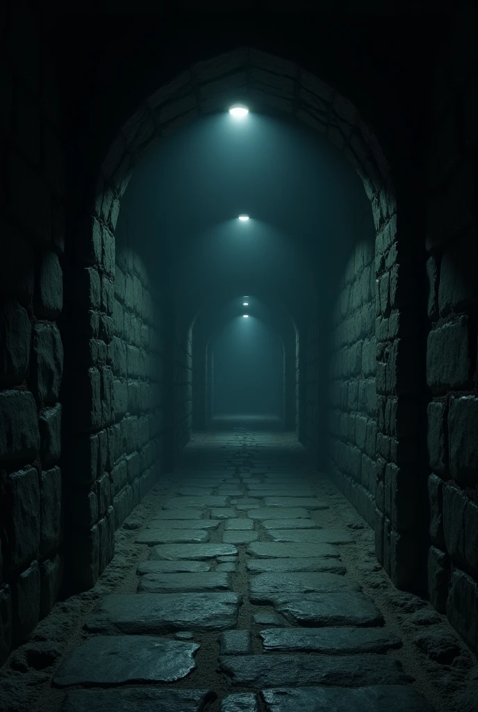 A dungeon hallway where you can't see the end of the darkness at all, with a pale white fire lamp that seems to extend straight all the way to a single focus light on both sides