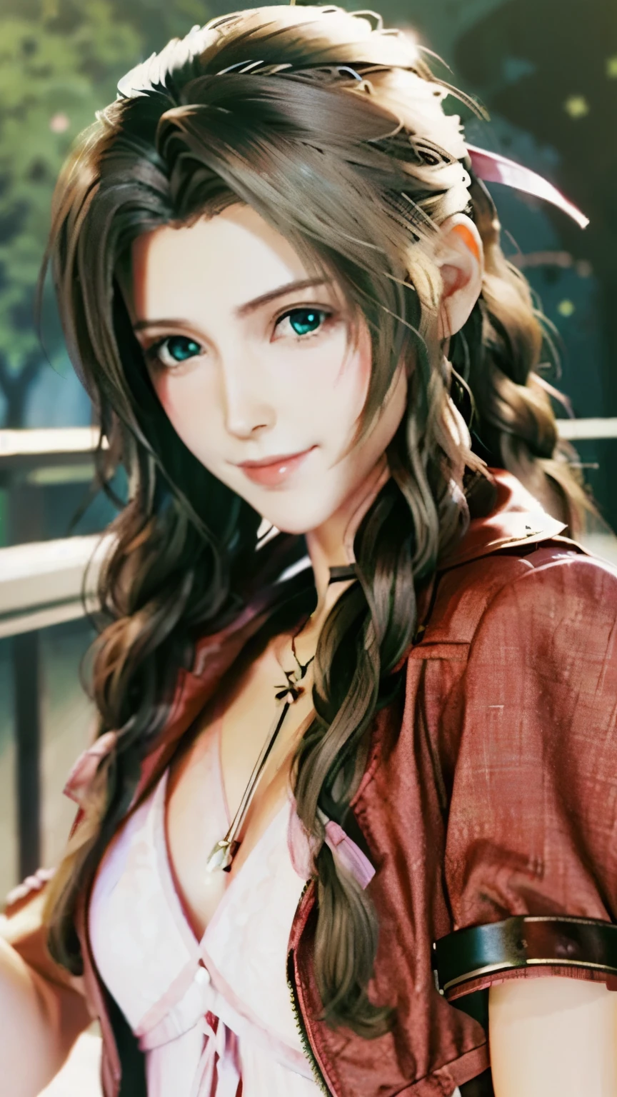 (masterpiece, highest quality), aerith gainsborough, FF7, (1girl), long hair, ((Braided ponytail)), lips, chest, (large chest), brown hair, dress, bow, ribbon, jewelry, hair ribbon, Braid, flower, green eyes, short sleeve, hair bow, parted lips, ((smile)), BREAK, (((red jaket))), (((pink dress))), open clothes, bracelet, open Jacket, white flower, pink dress, red Jacket, cropped Jacket, realistic, BREAK, (dappled sunlight), (full of white flowers), (((looking at viewer))), (((looking at viewer))), ((cowboy shot))