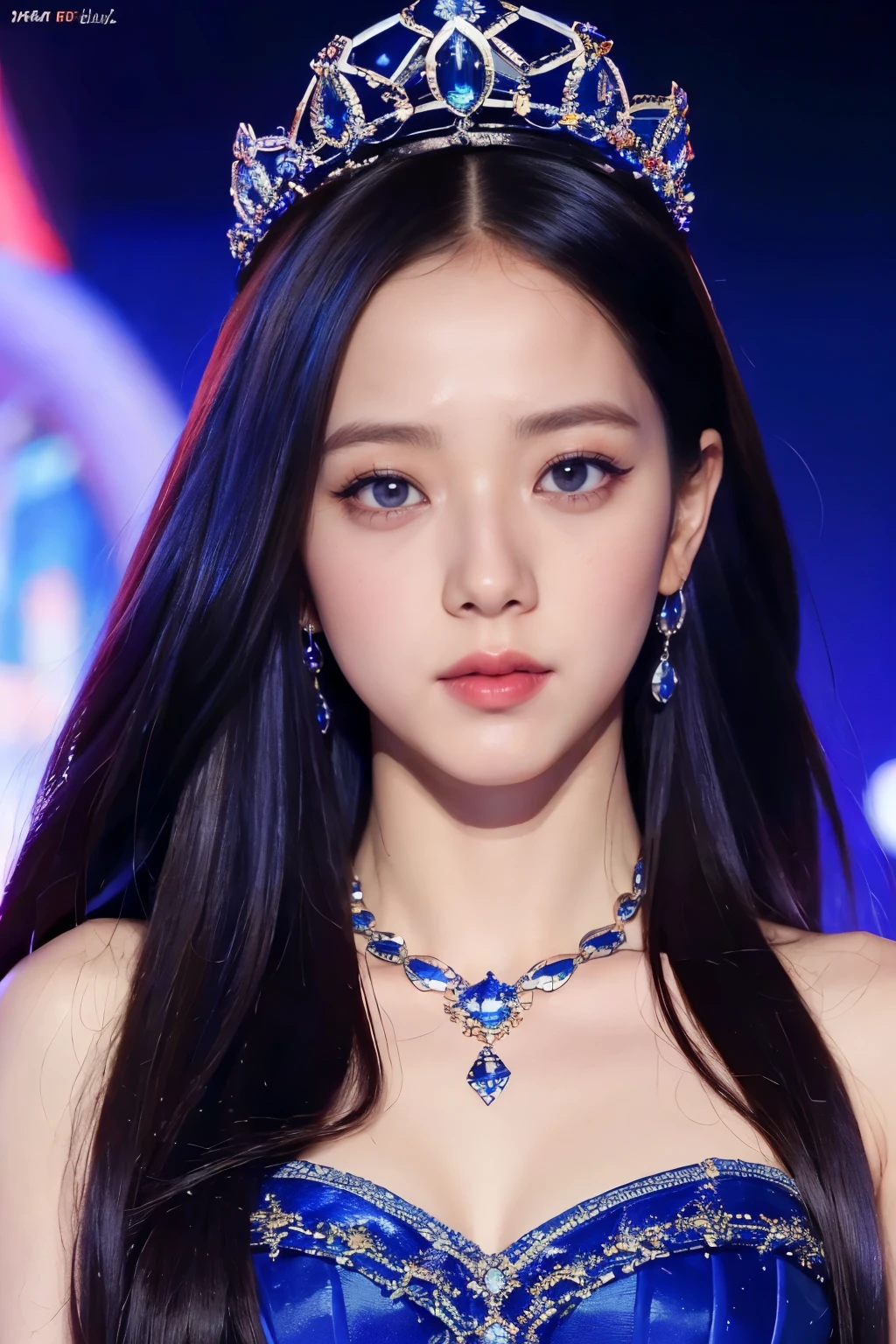 Jisoo reimagined as a mythical queen wearing long gorgeous blue gown and a crown. High definition, clear upscale image. Close-up 
High Resolution, Masterpiece, Anatomically Correct, Best Quality, High Details, Super Detailed, Textured Skin, UHD, Cinematic, Hyperdetailed, Hyperrealism, Realism, Photorealistic, 