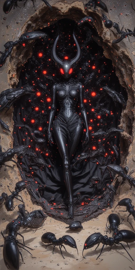 huge ant nest expanding in beautiful galaxy. (beautiful intelligent  anthro queen ant at the center,mad,eyes glowing red,sexy attractive body,attractive pose). ant body adapted to space-life. so many worker-ants follow the queen. beautiful galaxy.