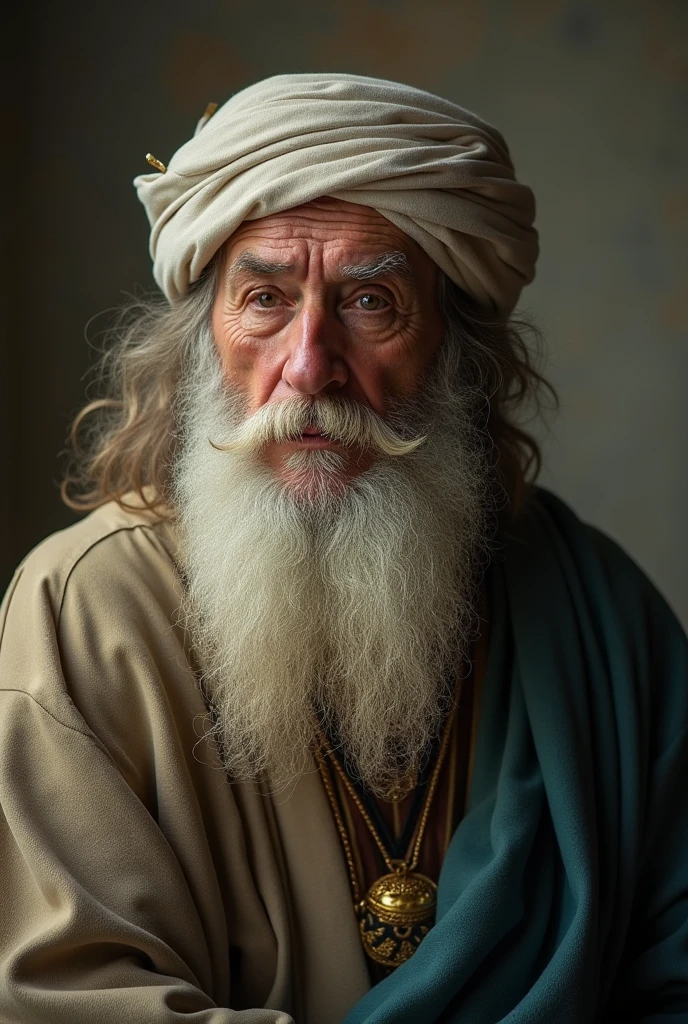 An old-fashioned wise man with a white and curly beard, a thick turban on his head, and a few wrinkles on his face, writing with a light shining on it.
Like a painting