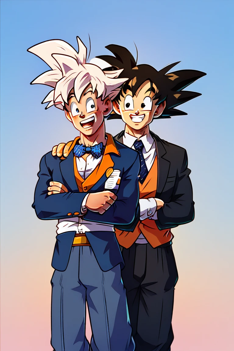 (goku),  suit and tie ,  smiling, happy,  arms crossed, happy, friendly,  worker , businessman