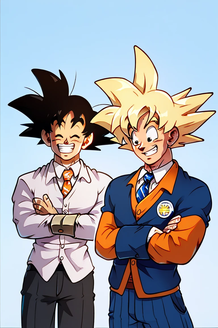 (goku),  suit and tie ,  smiling, happy,  arms crossed, happy, friendly,  worker , businessman