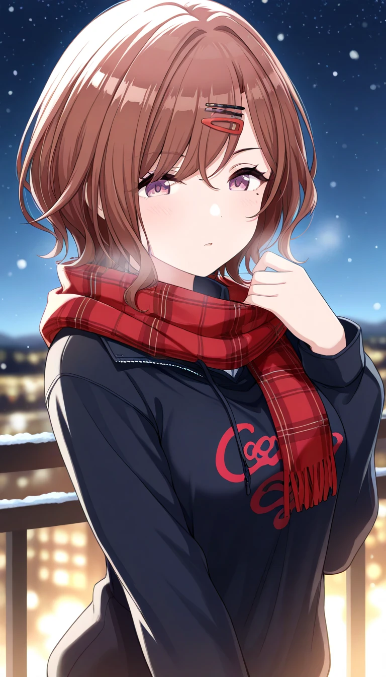 masterpiece, best quality, 1girl, solo, higuchi madoka, \(idolmaster\), idolmaster shiny colors, brown hair, short hair, swept bangs, hair clip, mole under left eye, purple eyes, red scarf, plaid scarf, medium breasts, black jacket, long sleeves, upper body, shiny skin, looking at viewer, standing, blush, closed mouth, expressionless, blurry background, depth of field, outdoors, winter, snowing, night, night sky, starry sky, 