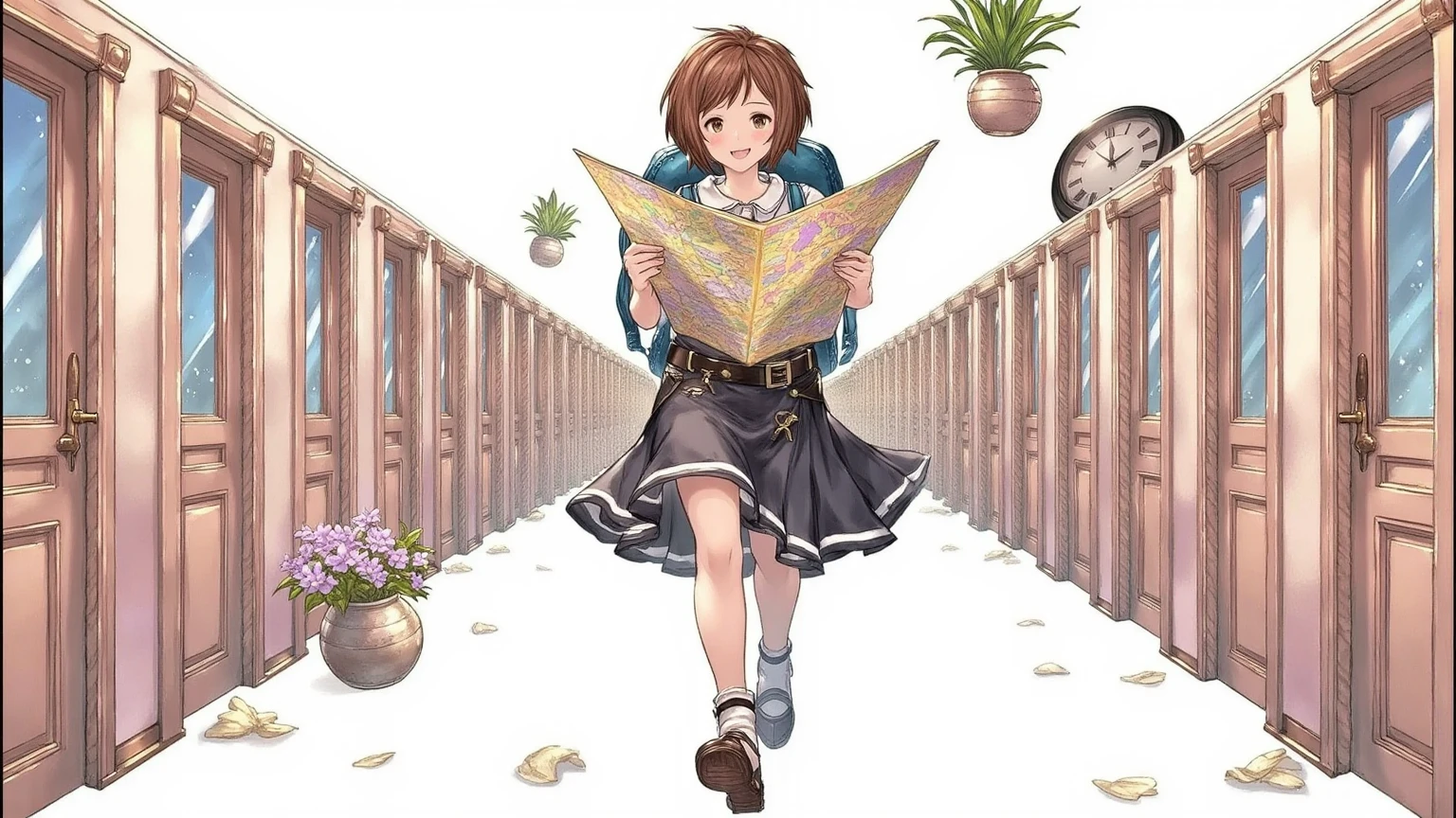 (masterpiece, best quality:1.2), 1girl, solo, fantasy character, human,  brown hair, short hair, armed, A young girl with wide, curious eyes and a backpack too large for her petite frame wanders through an infinite corridor lined with identical doors. Her footsteps echo comically as she holds a glowing map upside-down, looking increasingly confused. The corridor stretches endlessly, with quirky details like misplaced potted plants and floating clocks adding a whimsical, surreal atmosphere. Despite her frustration, her expression remains a mix of determination and bewilderment.