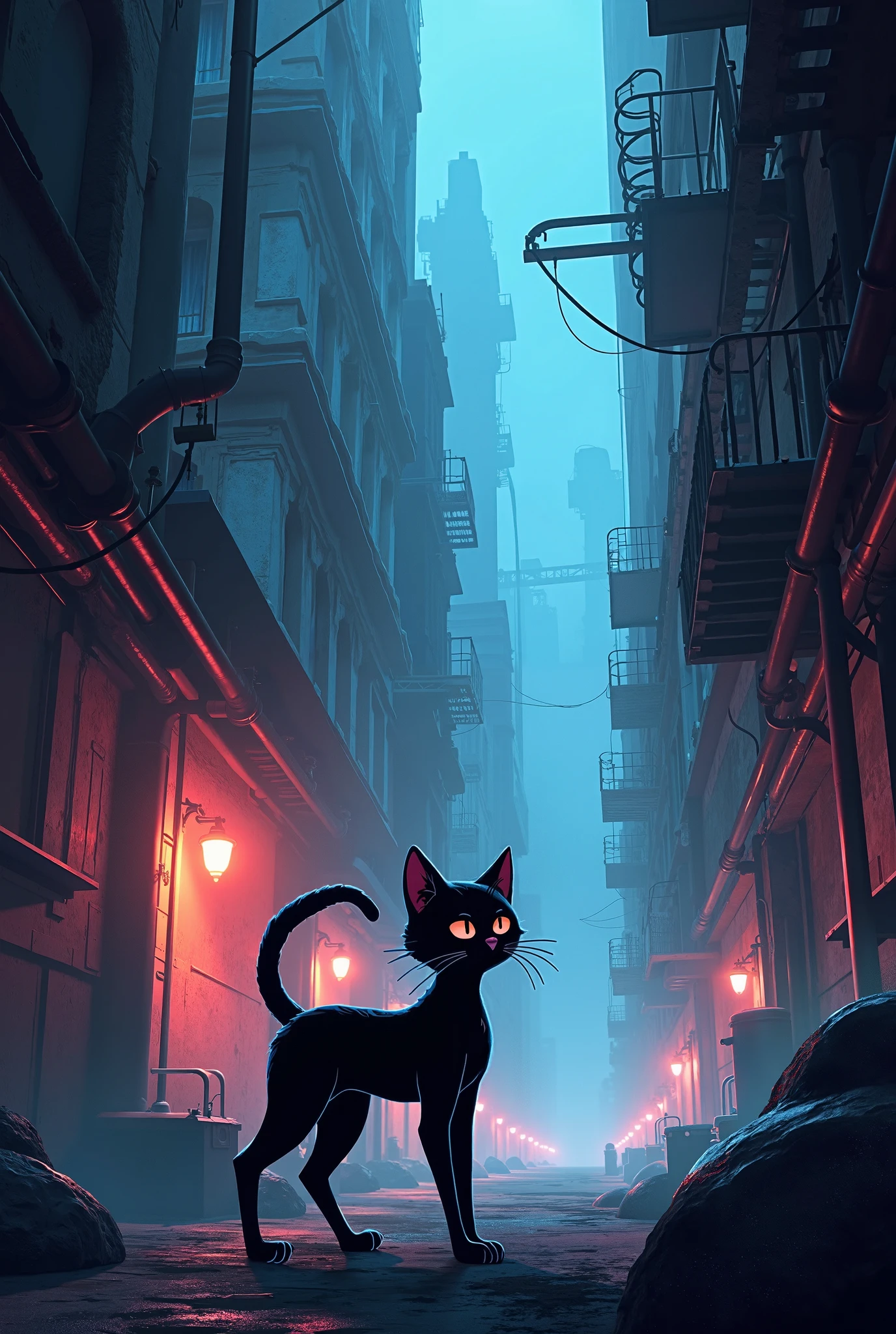 ((Masterpiece), high quality, detailed, greyscale, high contrast, backlighting), cat, mobian, facial markings, serious face, spot color, glowing blue eyes, naked , barefoot, 3 toes, cat tail, alleyway, wind, raining, dutch angle three-quarter portrait, background character, silhouette, detailed background
