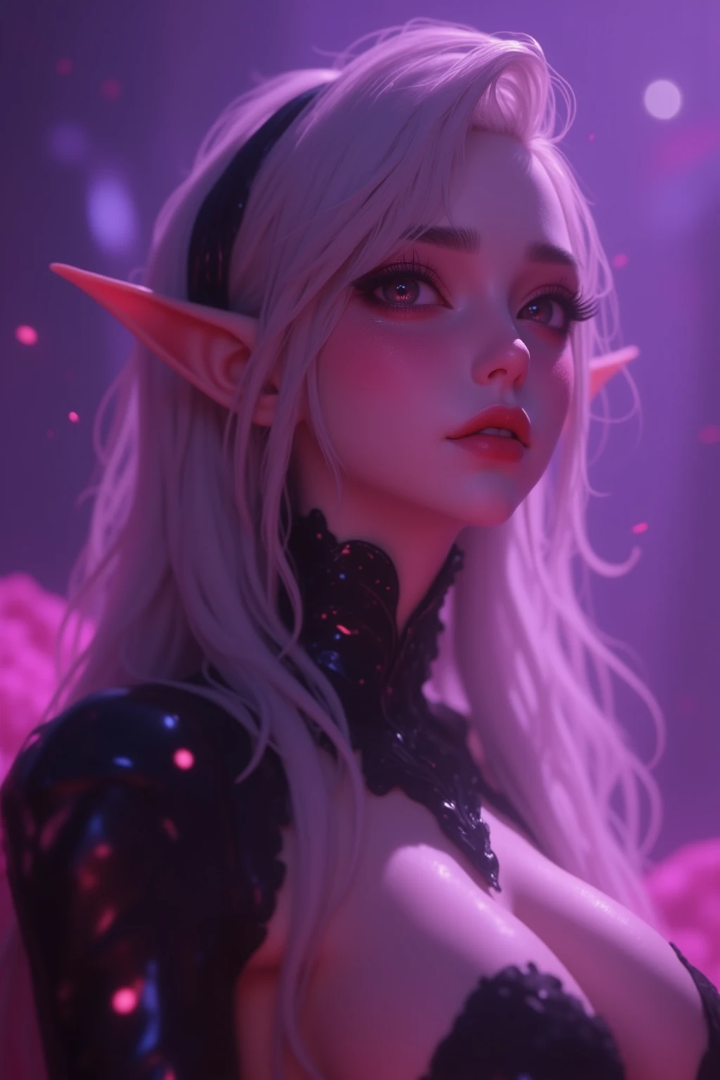 Super realistic illustration, Cinema 4D rendering, purple scene, 1 elven lady, attractive female face expressions, close-up shot of incoming kiss to camera, shiny skin, sweaty skin, (extremely beautiful and detailed face, pointy ears, long eyelash, silver hair, eye shadow, big breasts, wicked smile, sadistic, erotic, Temptation to depravity, Glossy lipstick, puckered lips, blush, feverish sigh), Mysterious pink fog, Seductive gestures