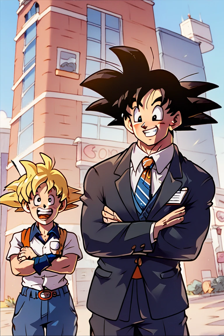 (goku), (just a boy) suit and tie ,  smiling, happy,  arms crossed, happy, friendly,  worker , businessman, office