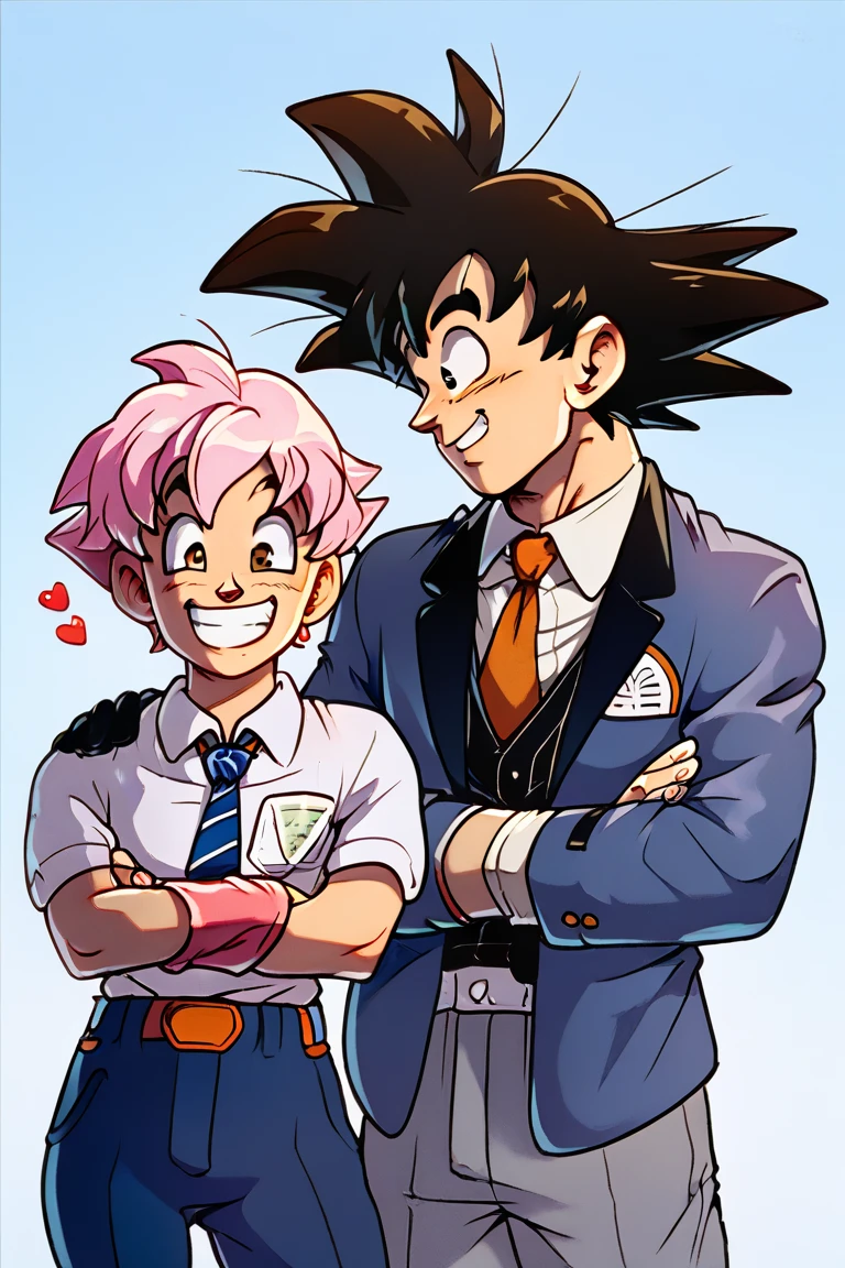 (goku), (just a boy) suit and tie ,  smiling, happy,  arms crossed, happy, friendly,  worker , businessman, office