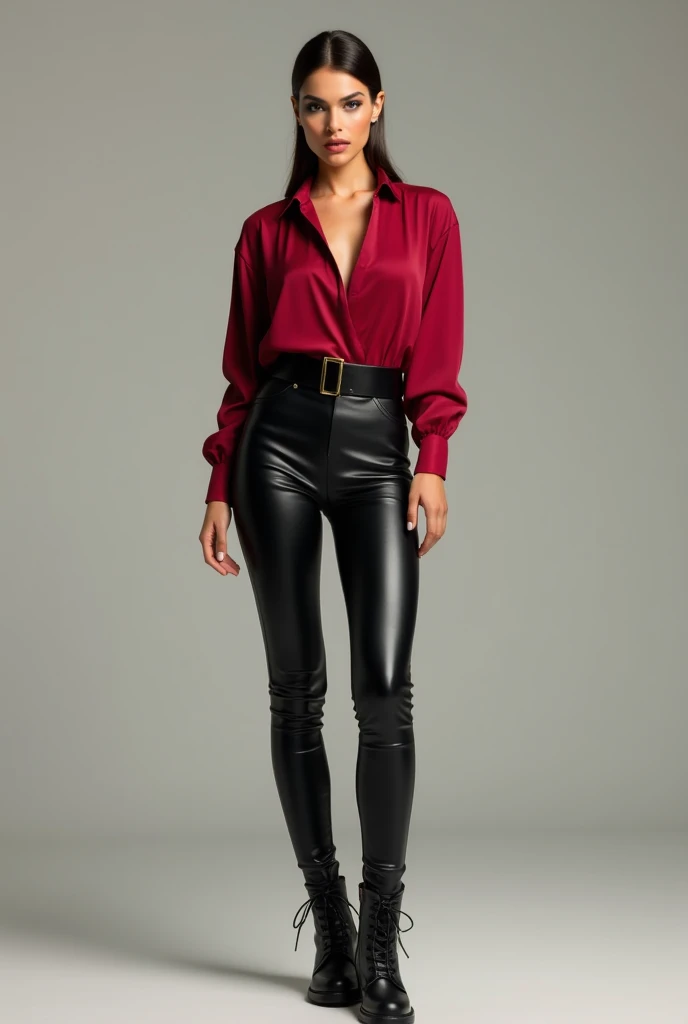 A woman wearing black leather pants, a red wine kemeja, and a body belt and cool boots with laces.