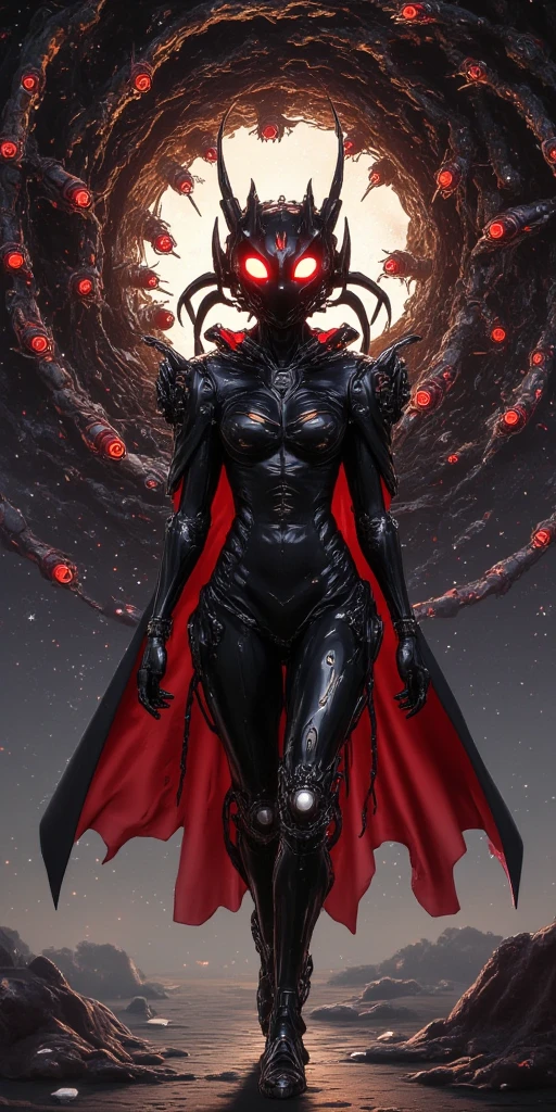 huge ant nest expanding in beautiful galaxy. (beautiful intelligent  anthro queen ant at the center,mad,eyes glowing red,noble outfit,sexy attractive body,attractive pose,shiny body,walking toward viewer). ant body adapted to space-life. so many worker-ants follow the queen. beautiful galaxy.