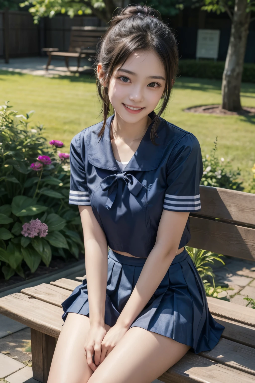 (​masterpiece,top-quality,超A high resolution),A Japanese Lady, an extremely beautiful 17-year-old girl, Ubu no Girl、(Perfect limbs、perfect anatomia),((bobhair)).Cute sailor suit、Sailor suit with short sleeves、Navy blue skirt、Pure white、Beautiful skin、Glitter hair with moist eyebrows、Colors and landscapes of youth、Premonition of love、A slender、embarrassed grin、Attend school、morning,