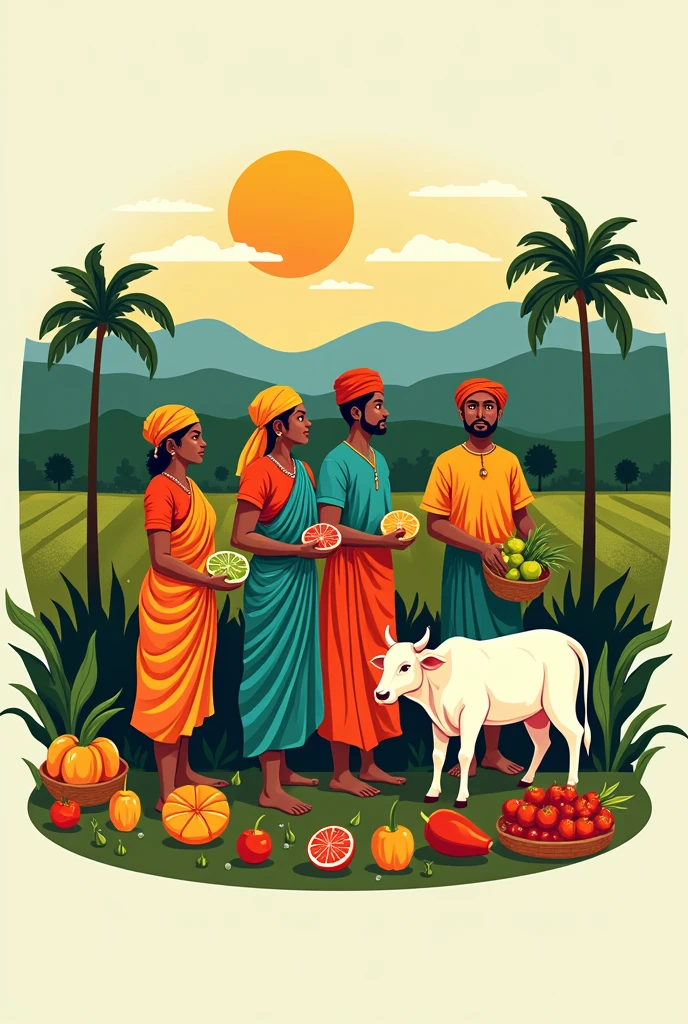 An imam sahib and a common man working in me are some fruits in the hands of all the farmers giving a jar of mind to the imam sahib in their background a mosque next to it a green field farm will be written above their heads in Bengal give a lot of beautiful things to the poor and needy