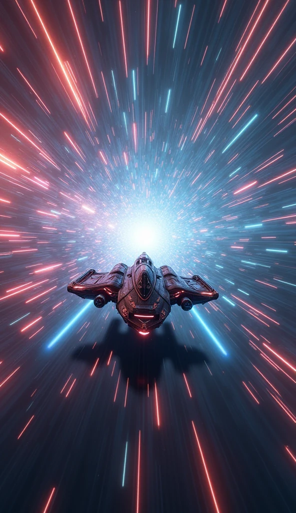 a spaceship, flying through a dimensional rift, like an endless corridor, dynamic color, marterpiece, hyper realistic.