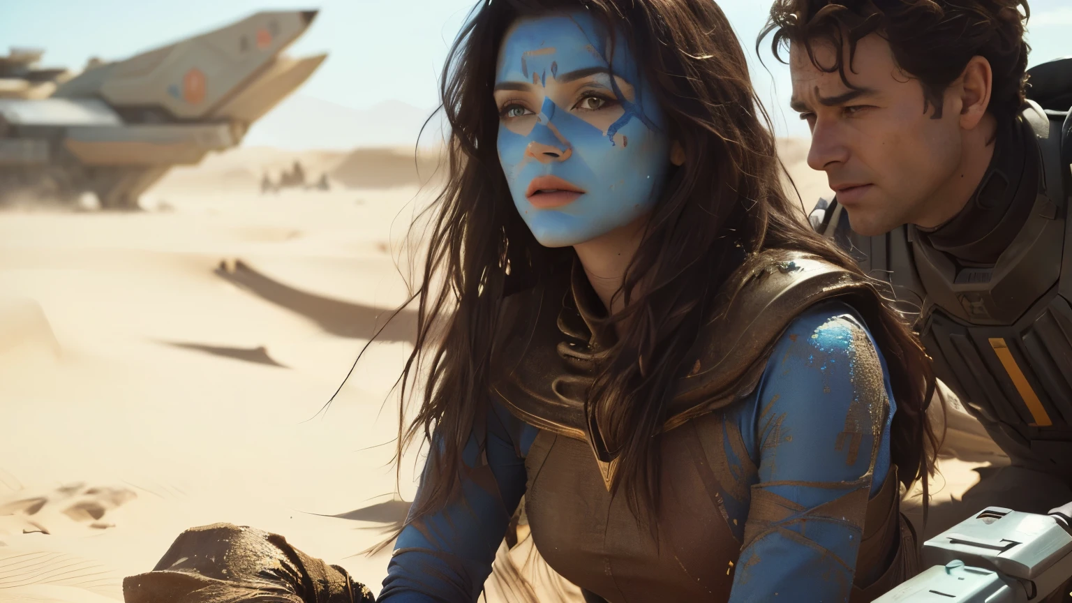 arafed woman with blue paint on her face and a man with a gun, film still from movie dune-2021, scene from dune 2 0 2 1 movie, film still from dune 2020, in the 2 0 2 1 movie dune, scene from live action movie, still from a live action movie, still from a fantasy movie, a hyper realistic image