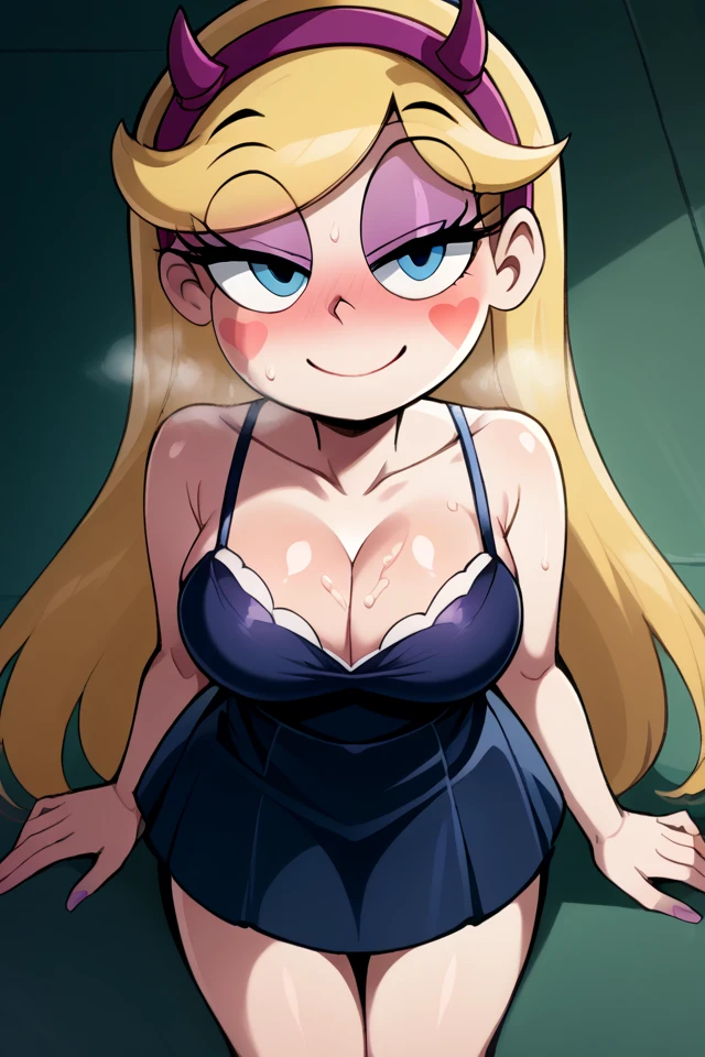 score_10_above, score_9_above, score_8_above, score_7_above, source_anime, 1 , Alone, ( Perfect Female Body), ( beautiful eyes and face ), ( (star butterfly),  blonde hair,  facial mark ,   long hair , horn ornament ,  blue eyes, very   long hair , to smile,   looking at the spectator ,  hand on own hip, Shooting cowboys ,  big boobs,  cleavage, Sensual, Blush, , seductive to smile,  presumptuous, 