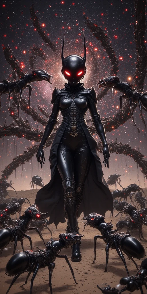 huge ant nest expanding in beautiful galaxy. (beautiful intelligent  anthro queen ant at the center,mad,eyes glowing red,noble outfit,sexy attractive body,attractive pose,shiny body,walking toward viewer). ant body adapted to space-life. so many worker-ants follow the queen. beautiful galaxy.