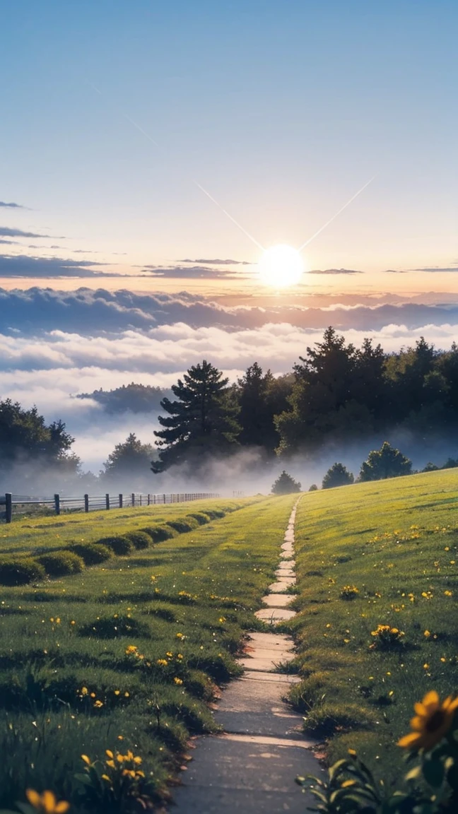 8K,  Best Definition , background, (((thick haze ))), Only pasture in the morning with the sun rising, toma llena de thick haze , Light through the fog , Mist on the floor, blue sky.