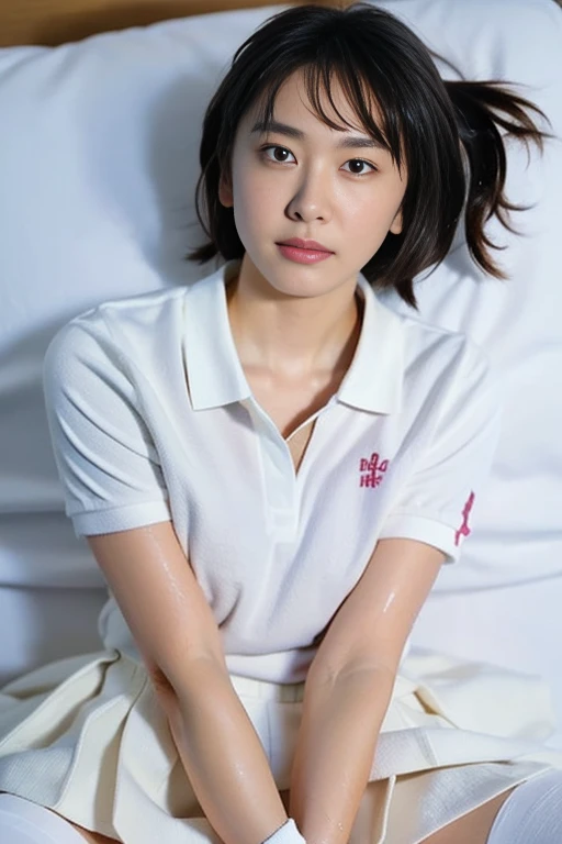 (Realistic:1.2),Japanese Girls, (Highest quality:1.4), (Very detailed), (Very detailed美しい顔), smile, (Realistic Skin:1.4), Great face and eyes, iris,Medium Hair, Black Hair, Symmetrical eyes, (Short sleeve T-shirt:1.3), (Angle from below:1.3), The background is a room with a bed, Smooth, Very detailed CG synthesis 8k wallpaper, High-resolution RAW color photos, Professional photography, Light, BackLight, dream-like, impressive, Written boundary depth