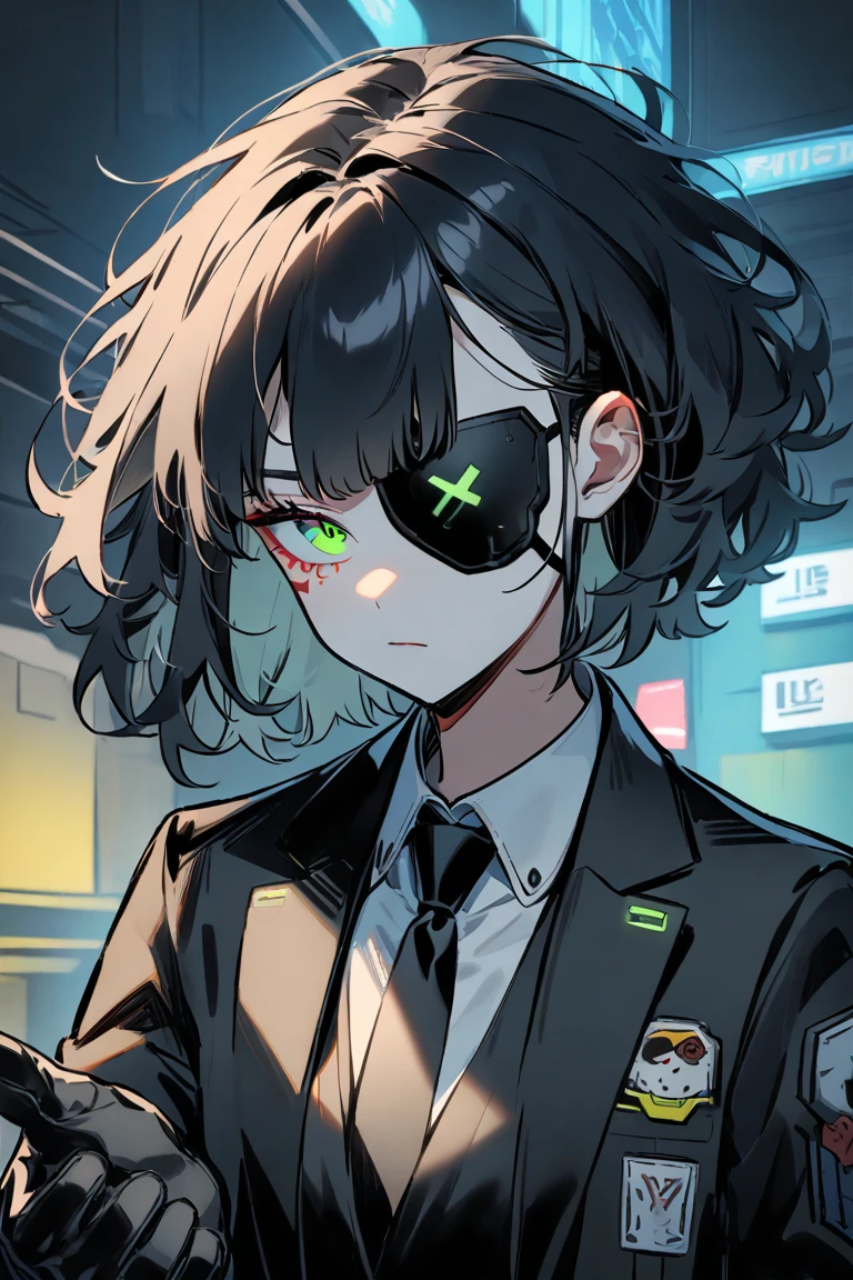 1 girl, cyberpunk, suit, black hair, short hair, patch, eye patch, green eye, short black hair, messy hair, wavy hair, black patch, suit, black suit, tie, black gloves