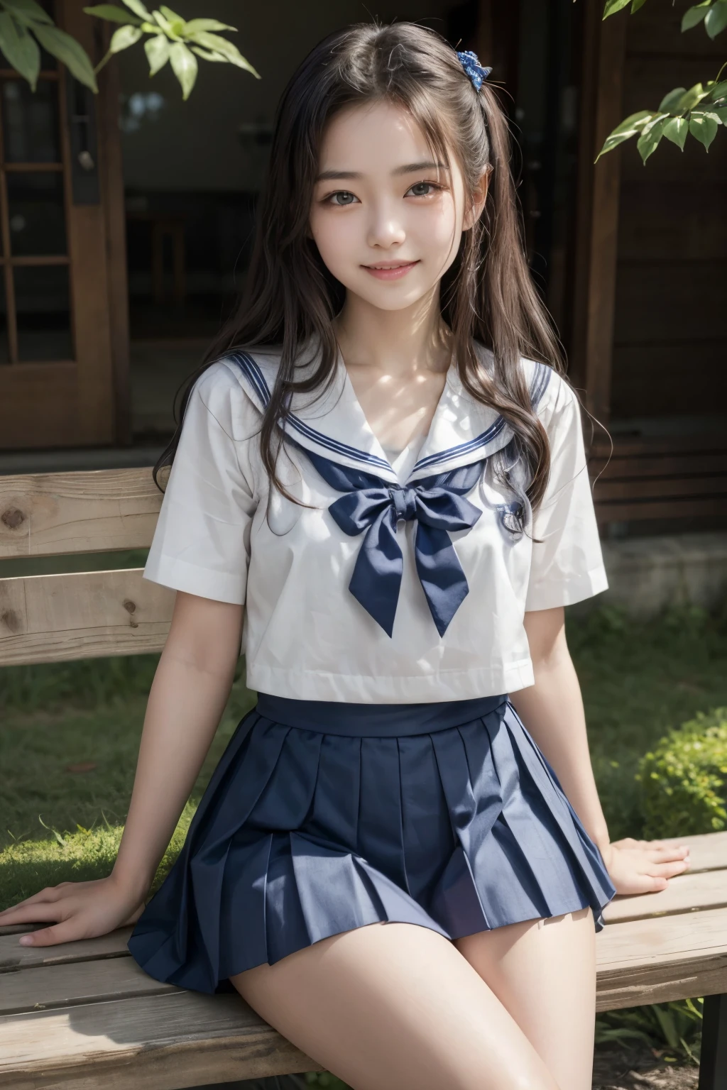 (masterpiece, highest quality:1.2), 8K, young beautiful girl, 85mm,Official AR RAW photo, baby face、clothed big breasts、show me your ears、photo shoot, cute face, thighs, After school classroom, looking at the viewer, embarrassing、smile、no makeup, film grain, chromatic aberration, sharp focus, face light, clear lighting, Ten generations, detailed face, background bokeh、((((((18 year old high school girl))))))、thin waist、sailor suit、not wearing a skirt、pubic hair、vagina/pussy