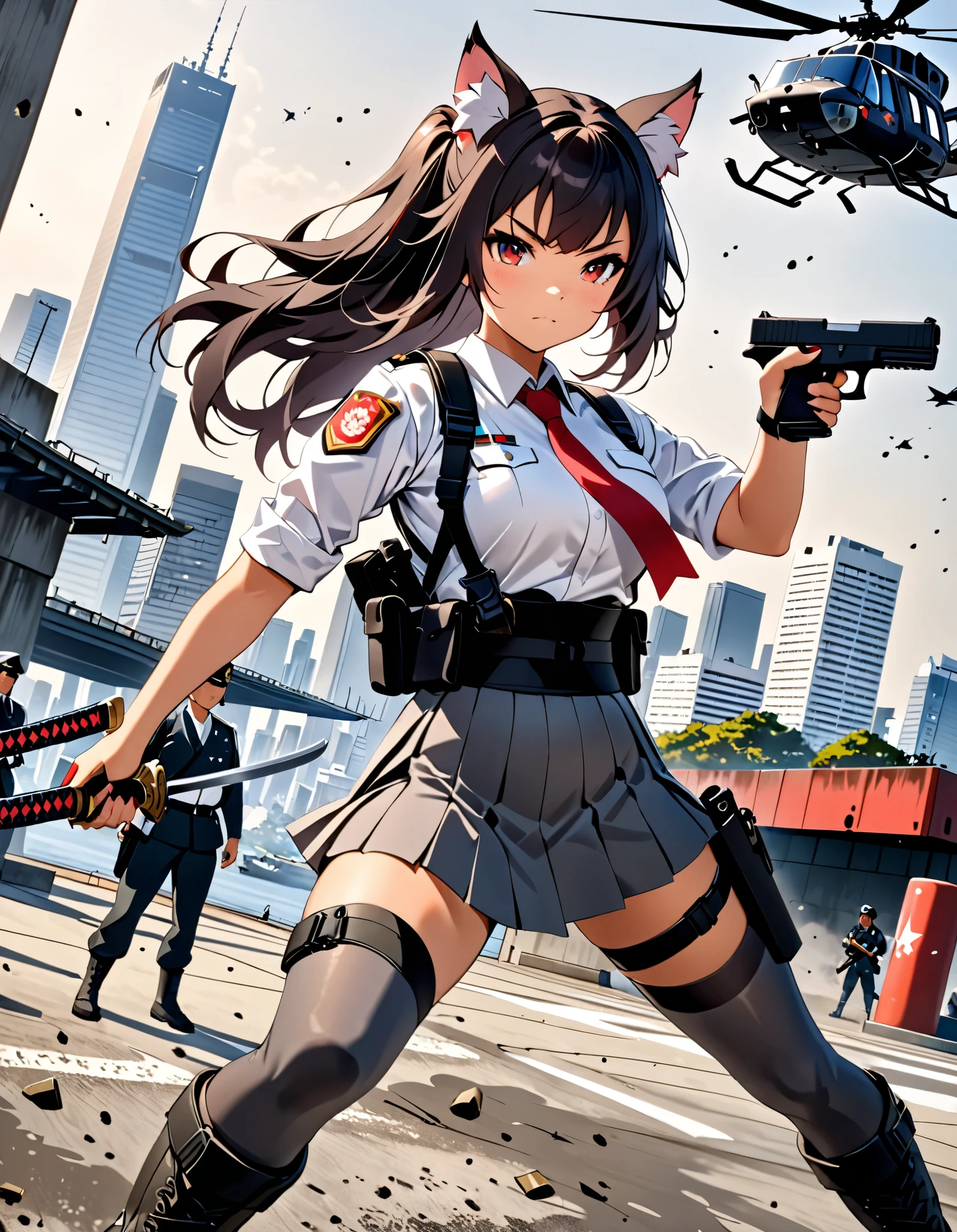masterpiece, best quality, high res, 4k, 8k, solo focus, 1girl, female samurai, Japanese military officer, (catgirl:1.2, furry ears:1.2), college-aged female, long hair, black hair, black hair, hair ornament, white-collared shirt, red necktie, shoulder holster, pleated skirt, side slit, (full dark grey leggings:1.2), (biker boots, high heels), holding katana sword in one hand and holding a glock22 pistol with another, aggressive battle stance, Tokyo skyline, wharf, a military helicopter hovering above, concrete ground riddle with bullet holes, dutch angle, intense atmosphere, intense expressive. action shot.
