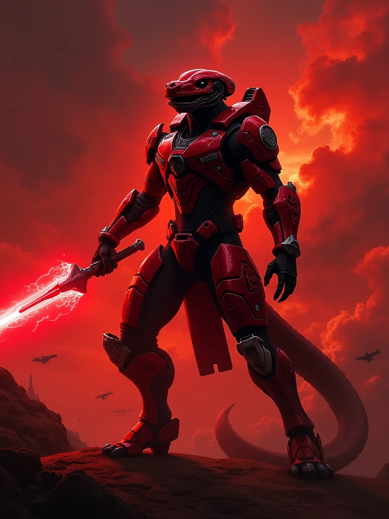 Halo Sangheili with red energy sword and small plasma base weapon, woth red and black armor, red hue sky with covenant corvet ships in the background