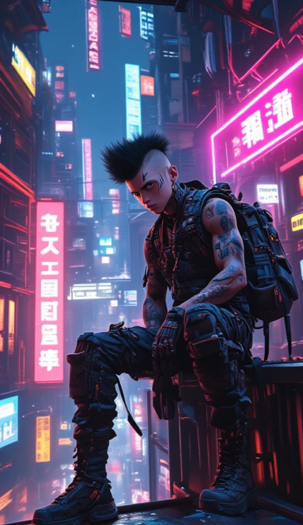 This cyberpunk-inspired image depicts a young individual with a striking appearance, sitting on a high platform amidst the neon-lit skyscrapper building urban of a futuristic city. They have a distinctive mohawk hairstyle and various tattoos visible on their exposed arms, giving them a rebellious, edgy aesthetic. 

The figure is dressed in dark, utilitarian-style clothing, including a heavy backpack, tactical pants, and sturdy boots. This combination of fashion elements suggests a sense of practicality and functionality, potentially hinting at the individual's involvement in some kind of specialized or covert activity within this cyberpunk setting.

The surrounding environment is vibrant and visually striking, with neon signs and vibrant colors illuminating the narrow alleyways and creating an immersive, futuristic atmosphere. The layered architecture and the presence of various technological elements contribute to the overall cyberpunk aesthetic, evoking a sense of a dystopian, high-tech urban landscape.

The pose of the figure, standing with confidence  at the edge of the skyscraper building platform, conveys a sense of focus, determination, and even a slight predatory quality, as if they are observing or preparing to act within this futuristic cityscape. The overall composition and the subject's attire and posture suggest a narrative of an individual navigating and potentially influencing the intricate and intriguing cyber-infused world they inhabit.