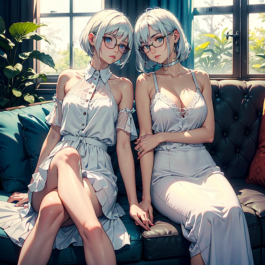 (masuter piece:1.3)、(8K、Photorealsitic、Raw photography、top-quality: 1.4)、(1girl in)、beautiful expression、(Lifelike face)、(((The woman on the right has gray hair、short-hair:1.3)))、(((The woman on the left has black hair、semi long hair:1.3)))Beautiful hairstyle、realisticeyes、Beautiful details、(real looking skin)、Beautiful skins、(((knit)))、absurderes、enticing、超A high resolution、A hyper-realistic、high-detail、the golden ratio
