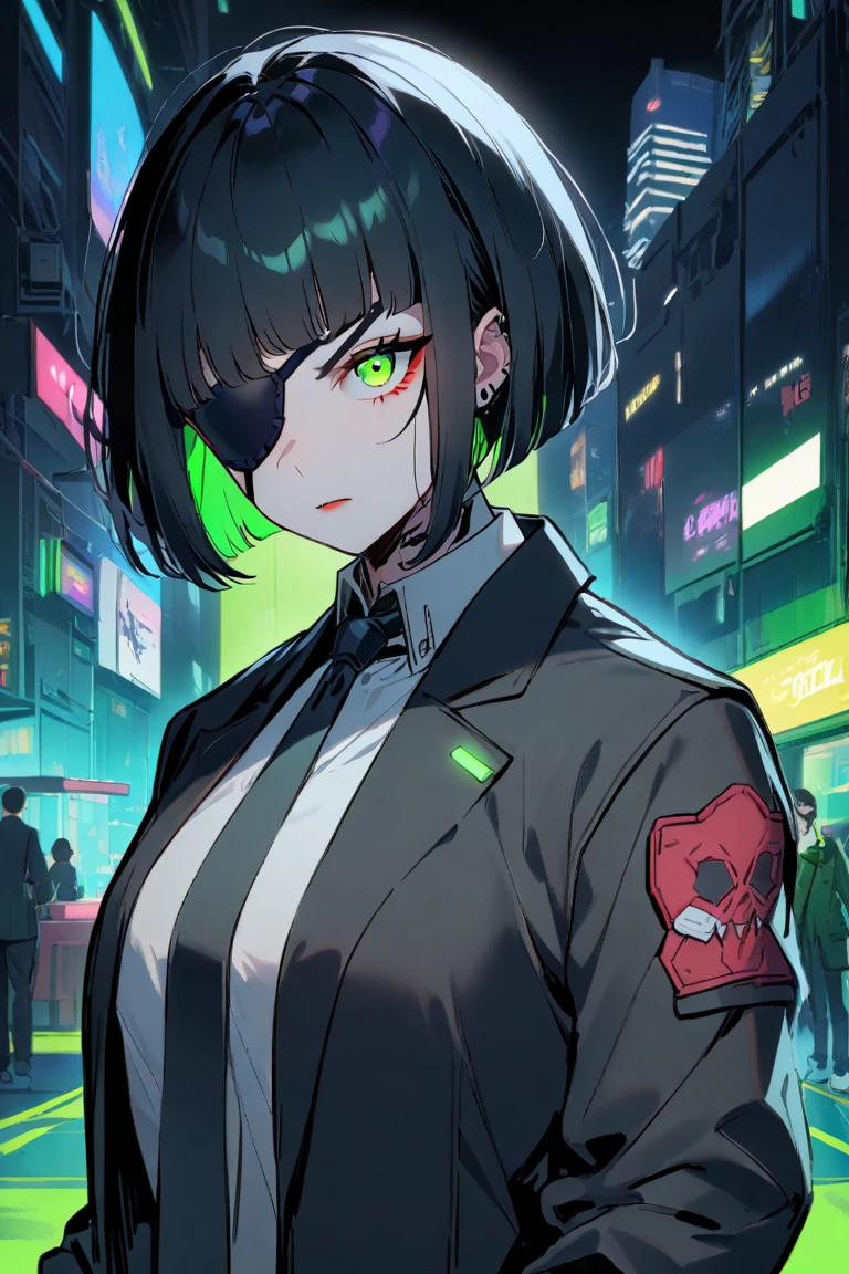 1 girl, cyberpunk, suit, black hair, short hair, patch, eye patch, green eye, short black hair, black patch, suit, black suit, tie, black gloves