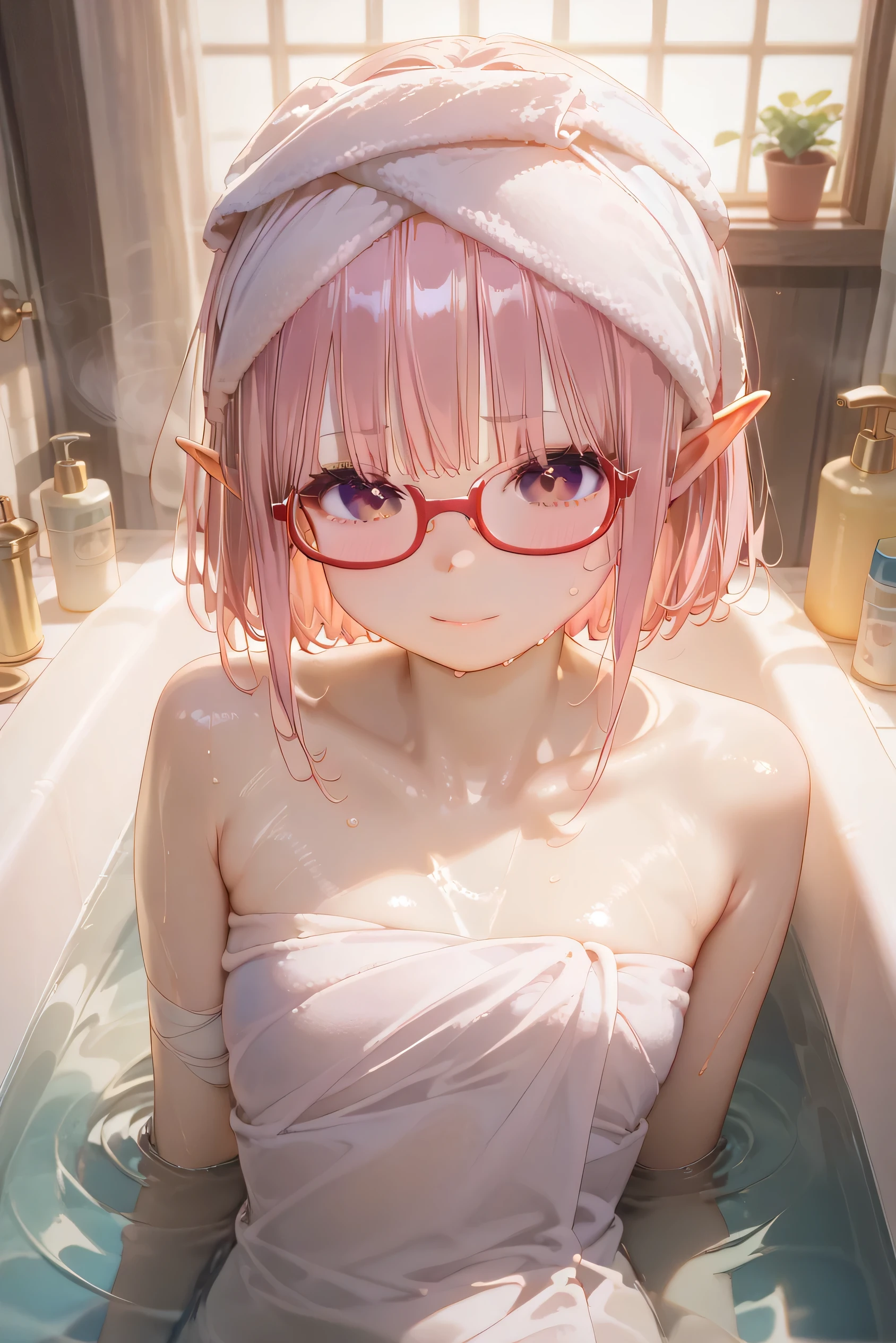 solo、 one womanの子、(((  flat chest、４age、 slender body、、:1.６)))  one woman ,(((  cute女の子)))、((  red glasses))、Young Face、  cute、  short bob hair :1.2、 milky pink hair、 Magenta Eyes 、Elf Ears:0.6、(partially submerged）（( bathroom、 bath、bathtub、naked、 steam 、 wet body))(((wrap your head with a towel:2)))、((sweat))((blush、naked、 nudes))