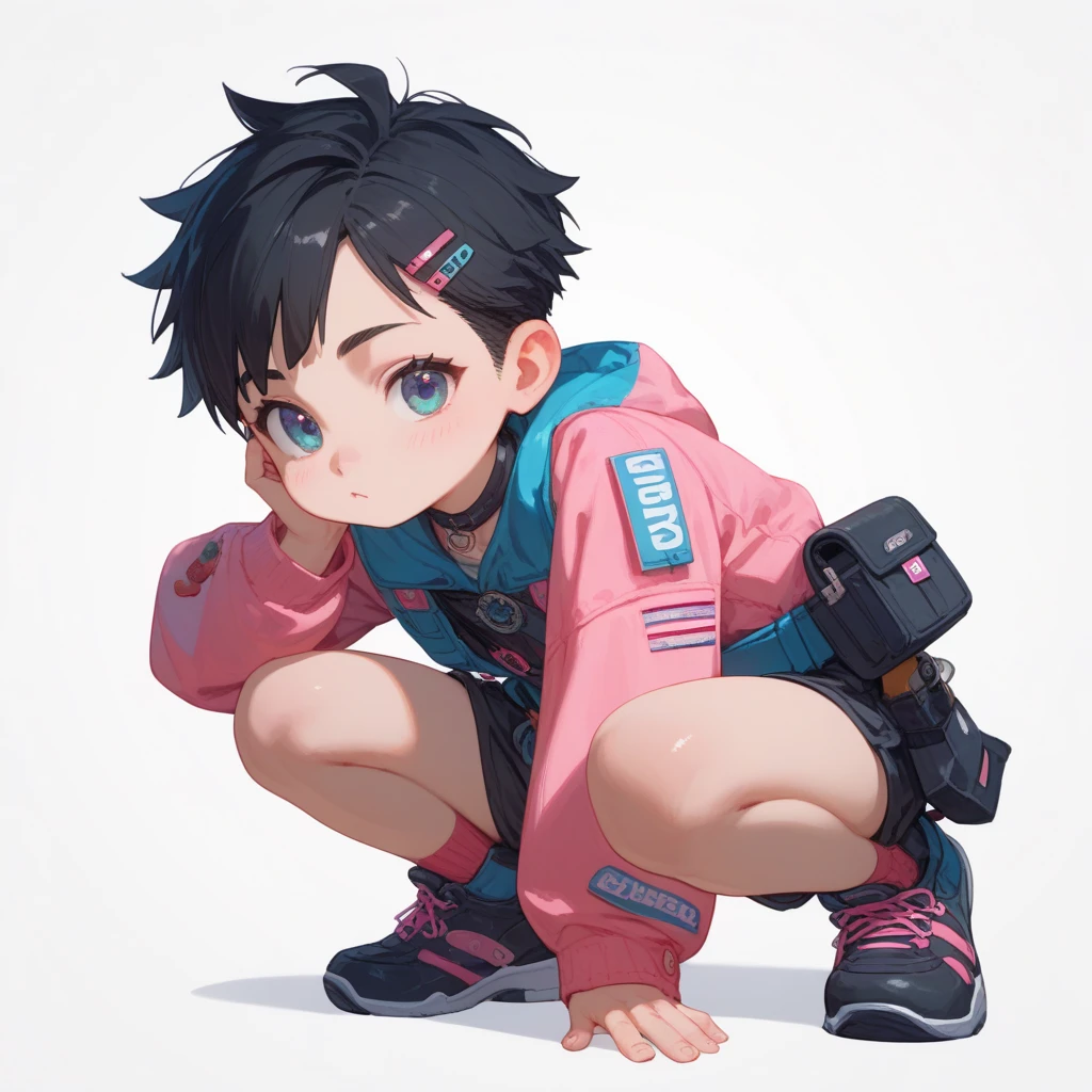 "A young boy with bright black hair , mullet , bright skin, and the soft expression , wearing future clothing , pink clothes.  The boy squatting pose , pouch , belt .  The white background , gives full focus to the character of the boy , cute chibi , hair clip ,"