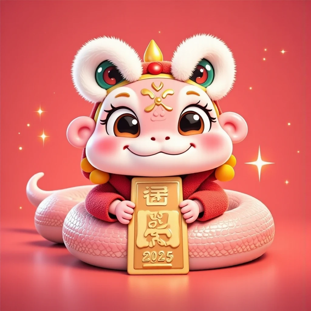 a cute snake, red background,WORDS "TET AT TY 2025" on gold bar