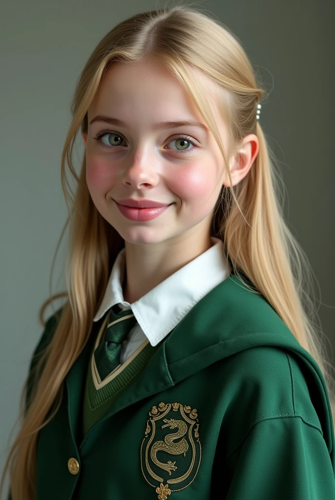 chica Slytherin en Hogwarts, blond hair, round brown eyes, baby face, round face, uniforme Slytherin, strong expression