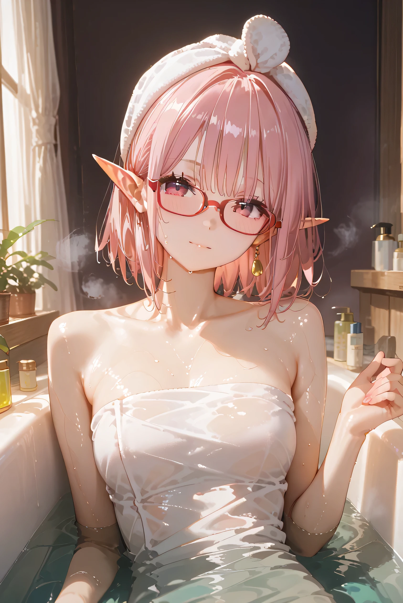 solo、 one girl,(((、 slightly flatter chest than normal during 3 live、Six-headed、Slim body))) one woman ,、(( red glasses)、Young Face、 cute、 short bob hair :1.2、 milky pink hair、 magenta eyes 、Elf Ears:0.6、(partially submerged)(( bathroom、 bath、bathtub、naked、 steam 、 wet body))(Towel on head)、((sweat))((blush、naked、 nudes))