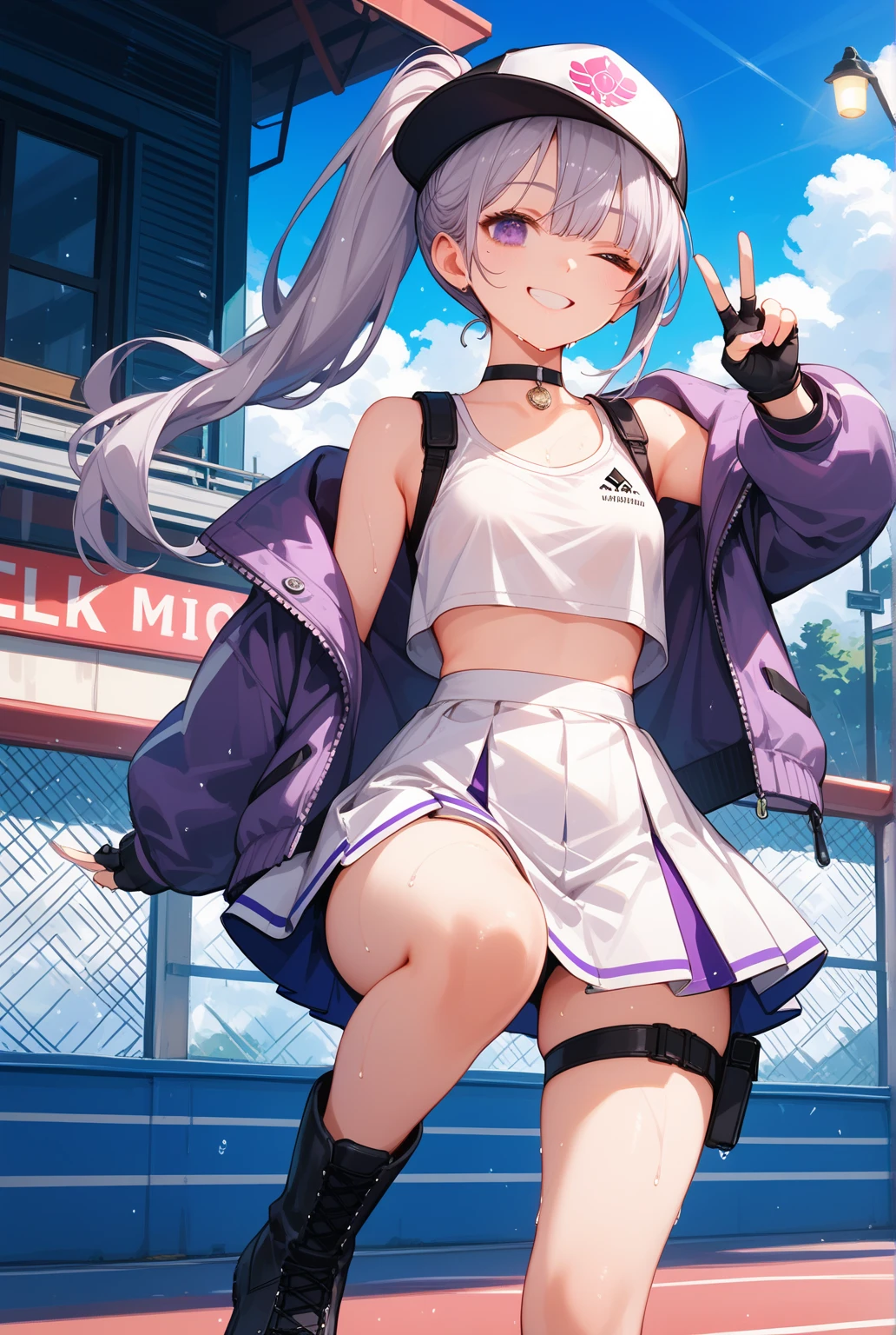 4k anime style, Smooth anime CG, 8k anime, Best quality, High resolution,Superdetail,Perfect light,1girl, solo, r Anime, She has lightskin, ponytail silver hair, purple eyes ,her's body medium chest and Beautiful waist.,She wearing light purple jacket, white top underneath, fingerless black gloves, white tennis skirt , black choker , Black combat boots
,on her's leg has thigh strap,on her's head has cap hat, wet shirt  She stand on beside building , She make her finger sign peace right hand ,Her face is smiling,one eye is close,She feel tired
BREAK...,
Background is a road area that night time and rainy days,Light from lamp,

