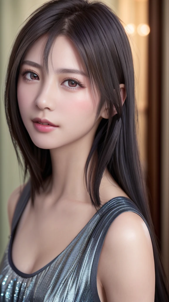 top-quality、8K Masterpiece、超A high resolution、(Photorealsitic:1.3)、Raw photo、女の子1人、silver white hair、glowy skin、((super realistic details))、portlate、globalillumination、Shadow、in 8K、ultrasharp、beauty breast、highly intricate detail、Realistic light、Beautiful eyes、radiant eyes、stares at the camera、Cute smile