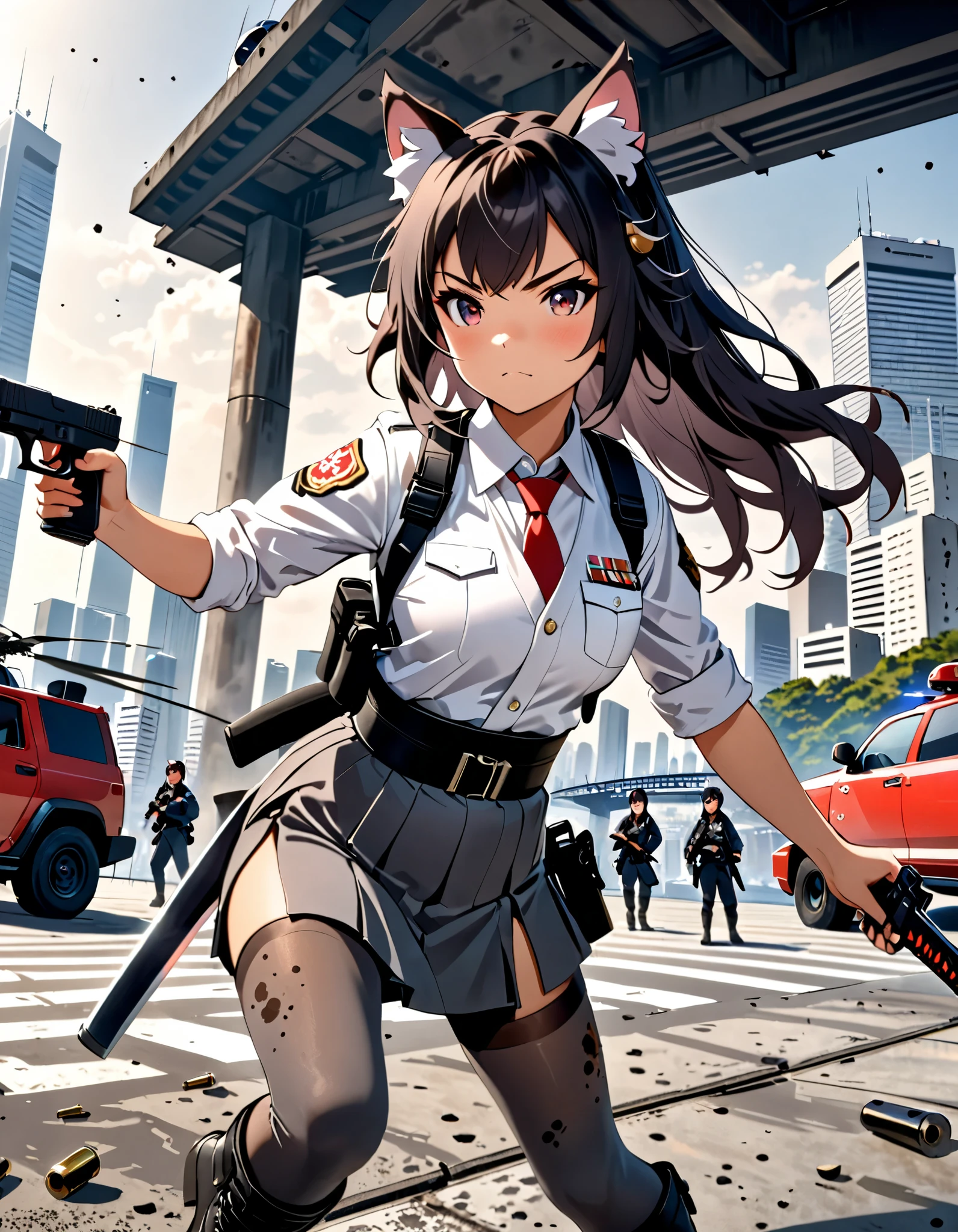 Masterpiece, best quality, high res, 4k, 8k, (solo:1.2, solo focus), 1girl, female samurai, Japanese military officer, (catgirl:1.2, furry ears:1.2), college-aged female, long hair, black hair, black hair, hair ornament, white-collared shirt, red necktie, (shoulder holster), (long pleated skirt, side slit), (full dark grey leggings:1.2), (biker boots, high heels), holding katana sword in one hand and holding a glock22 pistol with another, aggressive battle stance, Tokyo skyline, wharf, a military helicopter hovering above, concrete ground riddle with bullet holes, dutch angle, intense atmosphere, intense expressive. Action shot.