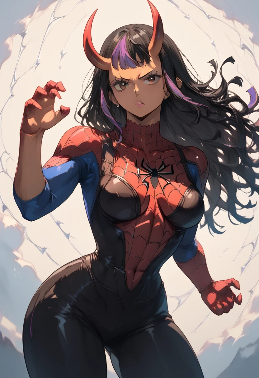 score_9,score_8,score_7,(one piece\), tan, 1girl, long hair, black hair, purple streak, two-tone hair, brown eyes, medium breasts, nice hips, (oni, oni horns), skin detail, hand corrections, pirate cloths, bar backgrounds, detaileds arms, beautiful eyes, spider-man suit, fight pose, looking the viewer, dynamic character design, female focus