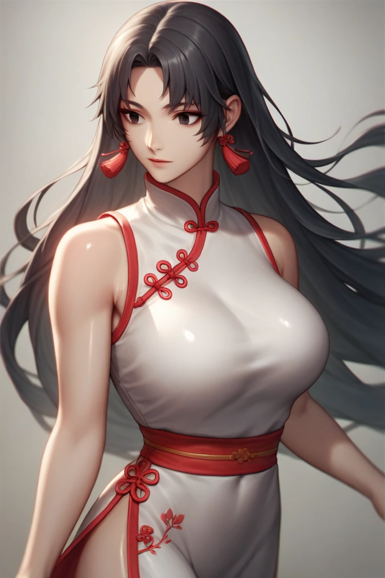 1 Girl, unique , sexy female fighters, shiny skin , shiny skin , moisturize skin under running water,gentle face ,  black eyes, dark haired , long hair, bangs, Big Breasts , beautiful breasts ,Chinese goddesses ， Chinese Clothes ,( masterpiece), ( best quality), (ultra-detailed),  very beautiful , up to date, Generally ,