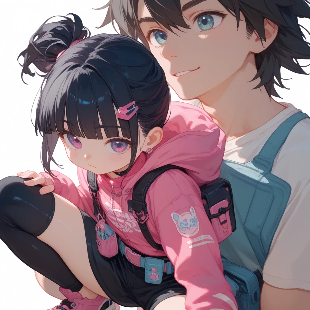 "A young boy with bright black hair , hime cut , bright skin, and the soft expression , wearing future clothing , pink clothes.  The boy squatting pose , pouch , belt .  The white background , gives full focus to the character of the boy , cute chibi , hair clip ,"