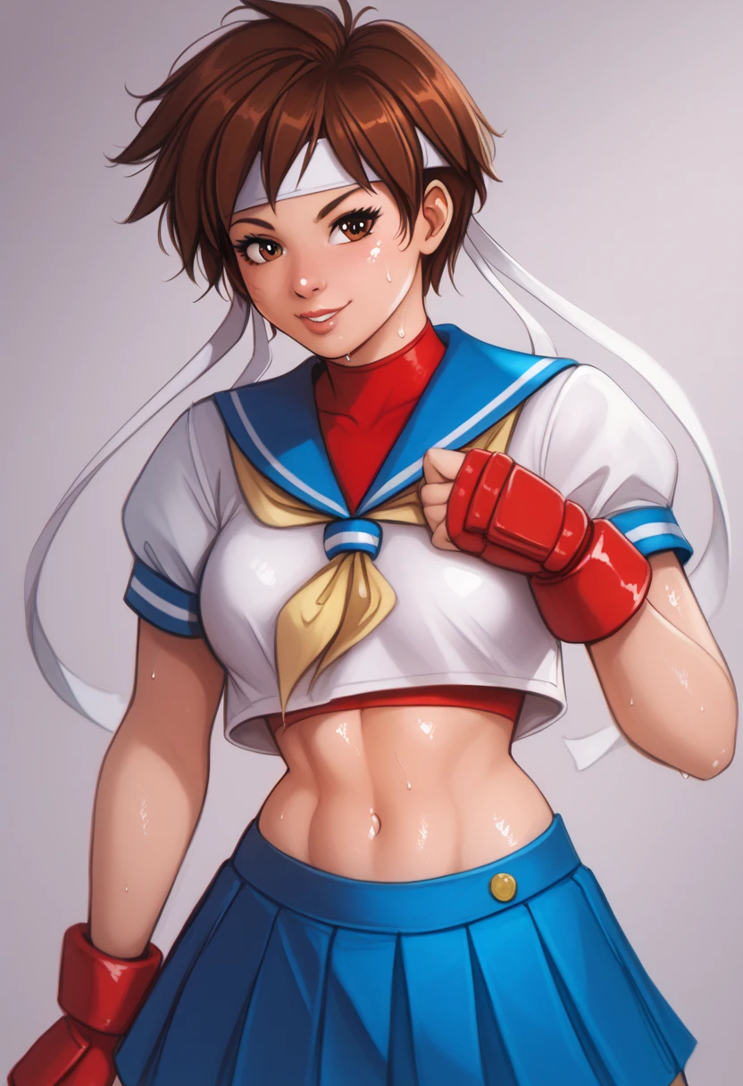 score_9, score_8_ up, score_7_ up, score_6_ up,Kasugano Sakura,  brown eyes,  brown hair,  short hair , blue  skirt ,  crop top,  headband, midriff, mini skirt , belly button,  sailor color ,  school uniform,   short sleeve ,  skirt ,  stomach,  shirt, white  shirt, white  headband,  gloves, red  gloves,,  Sweating,  detailed body ,  Shiny Skin , p4l0m4 , Webcomic 