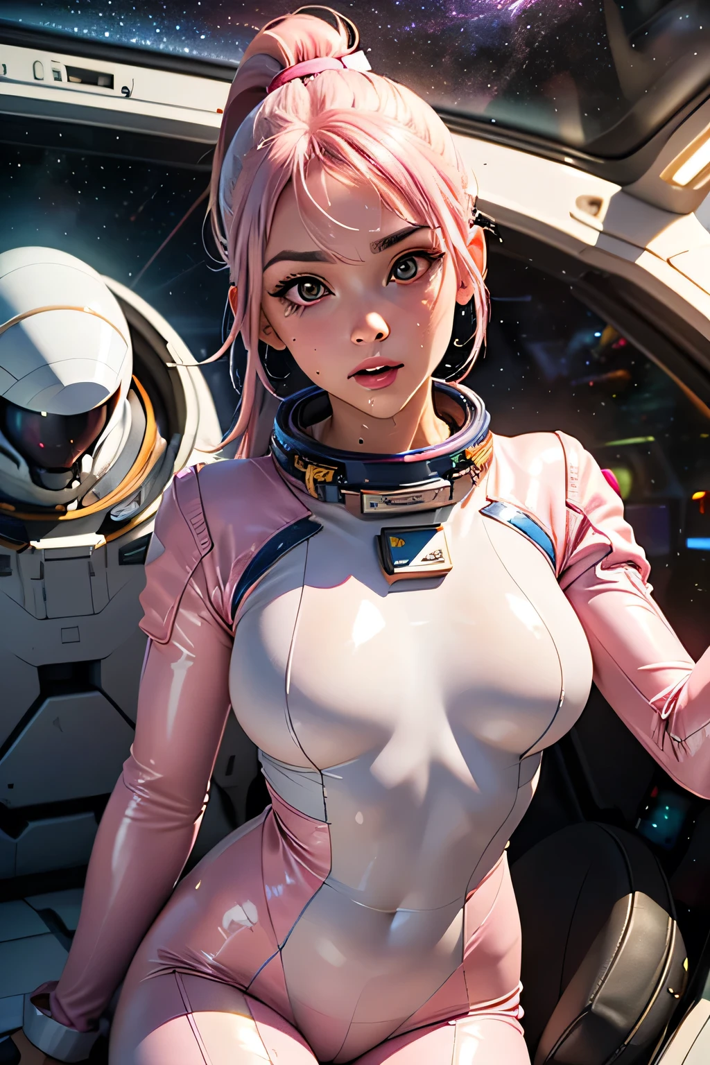 (beautifull astronaut lady, wear astronaut suit, glass helmet, floating inside space ship), (strapless bra), (show cleaveage), (show underboobs) , (show sideboobs), (show thigh), (detailed space ship), space background, beautifull face, pretty face, beautifull eyes, beautifull nose, sexy lips, pink nails, raytracing, nsfw, beautifull fingers, beautifull hands, sexy belly, sexy body, sexy shoulders, sexy legs, sexy hips , blue eye, white skin, full body picture, pretty makeup, (masterpiece, best quality:1.2),(8k,highres,RAW photo,realistic,photo-realistic:1.3),(detailed skin texture,detailed cloth texture,beautiful detailed face:1.25),professional lighting,photon mapping,beautiful soft light,radiosity,physically-based rendering,model shoot style, model shoot style, (extremely detailed CG unity 8k wallpaper), full shot body photo of the most beautiful artwork in the world, complex 3d render ultra detailed, looking at viewer, 18 yo, wet hair, real human skin, vibrant details, hyperrealistic, beautiful, octane render, 8k, best quality, masterpiece, an extremely delicate and beautiful, extremely detailed ,CG ,unity ,wallpaper, (realistic, photo-realistic:1.37),Amazing, finely detail, masterpiece,best quality,official art, extremely detailed CG unity 8k wallpaper ,extreme detailed eyes, (perfect face), shiny skin, colorful, highest detailed, vibrant colors, ultra high res, (high contrast), intricate, lens flare,